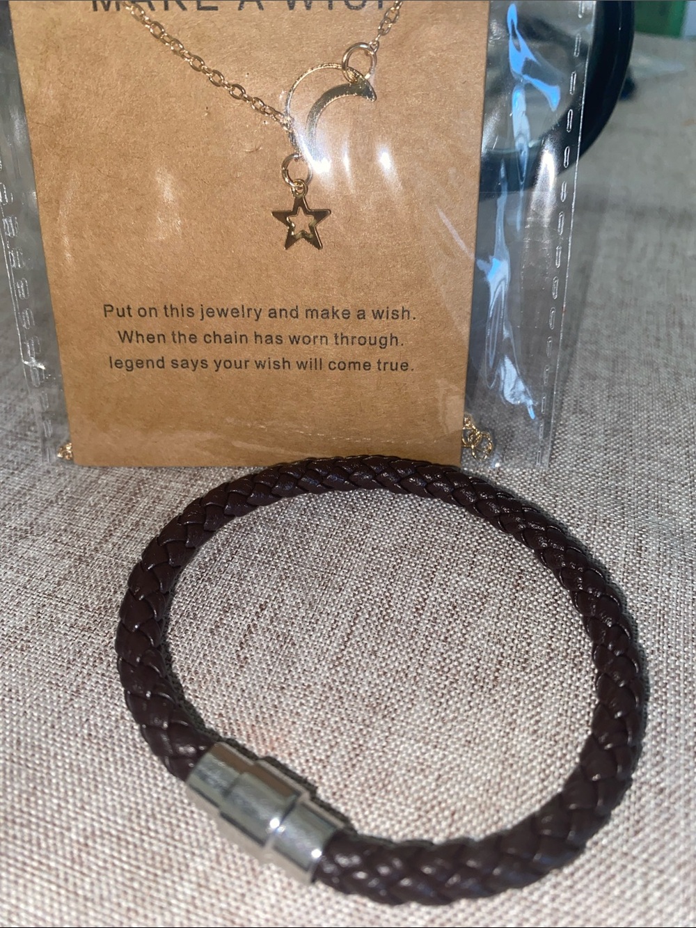 Braided Brown Leather Bracelet with Silver Clasp w / necklace
